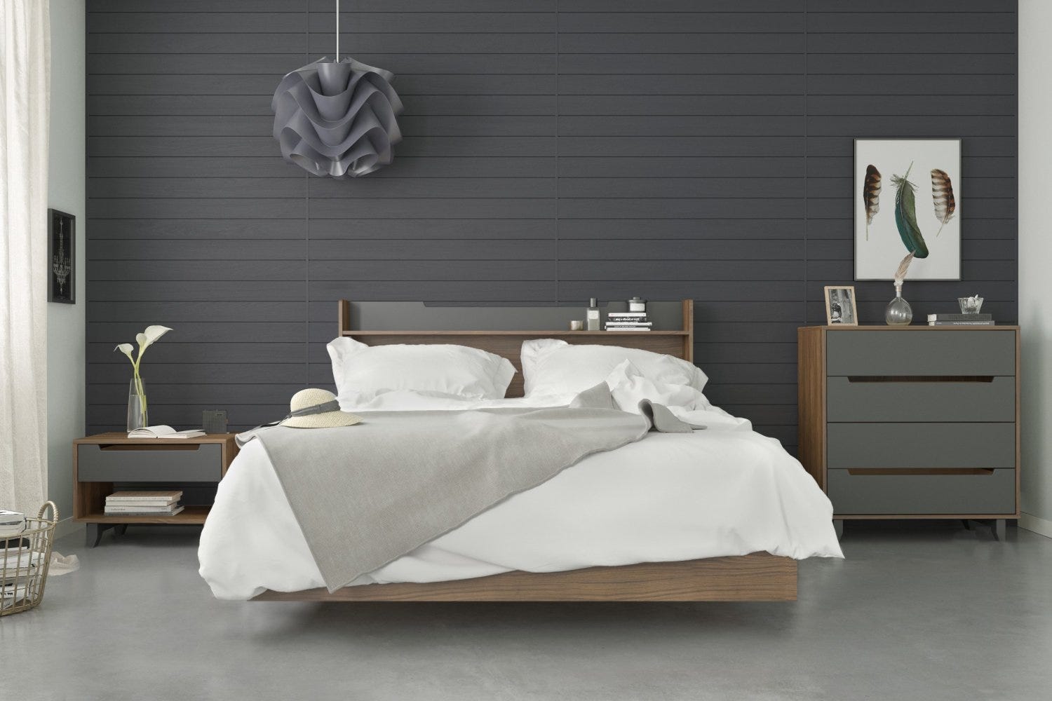 Neptune 4 Piece Queen Size Bedroom Set Walnut Charcoal