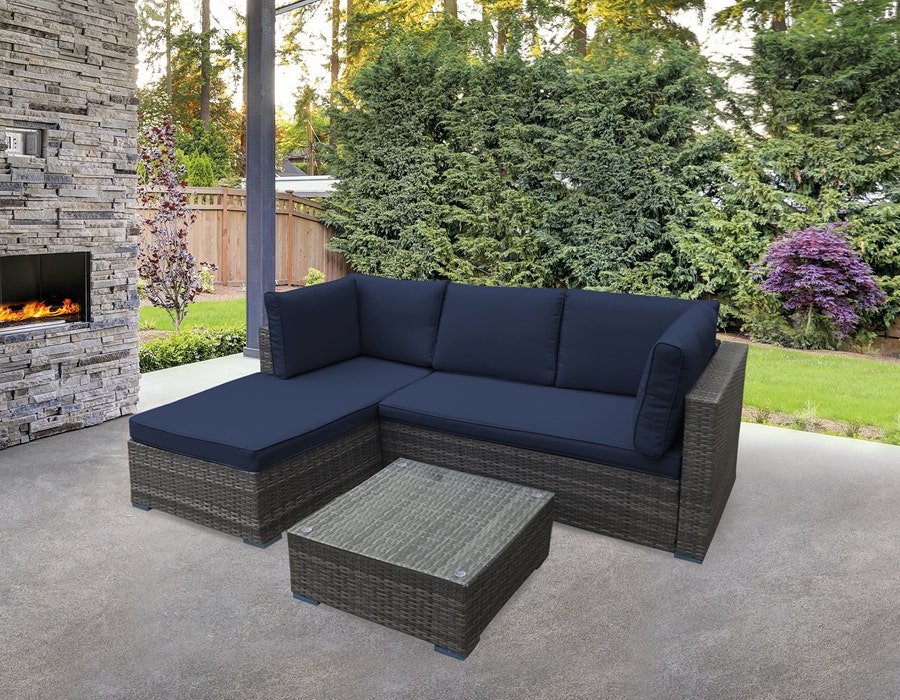 Blue outdoor sectional with table | Outdoor furniture