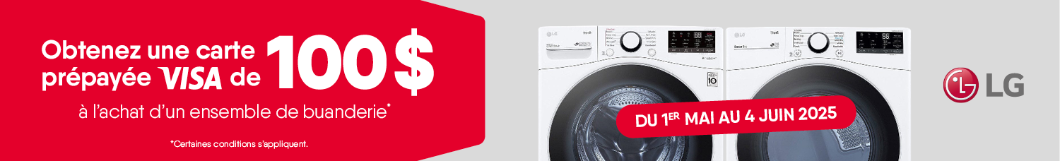 Obtenez une carte prépayée de 100$ à l’achat d’un ensemble de buanderie* de LG (*certaines conditions s’appliquent)
