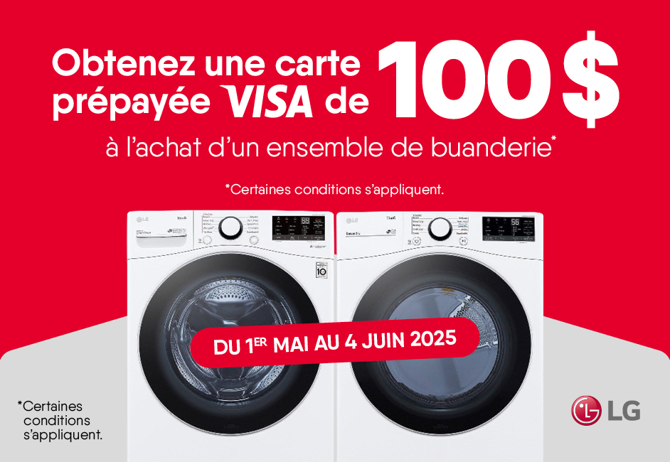 Obtenez une carte prépayée de 100$ à l’achat d’un ensemble de buanderie* de LG (*certaines conditions s’appliquent)
