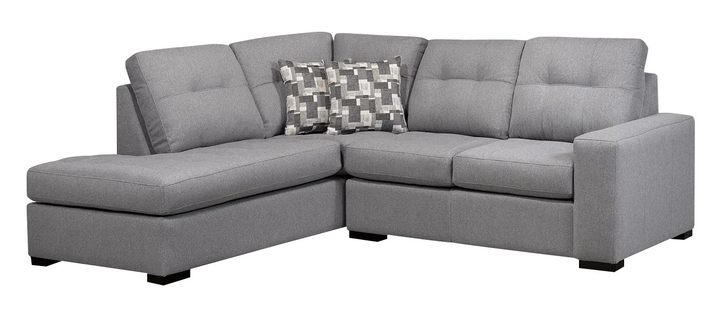 Gray sectional with chaise lounge.