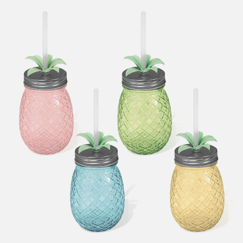 Gobelet en verre avec paille et couvercle - forme d’ananas
