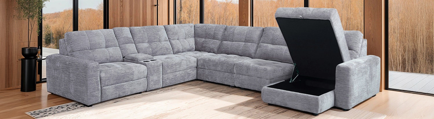 Power Modular Reclining Sectional with 2 Sliders, Chaise with Storage, and Console