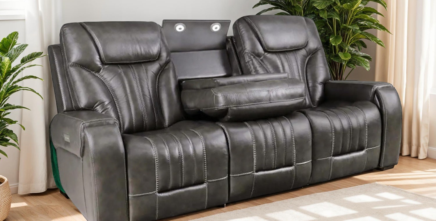 Dark Grey Polyester Power Reclining Sofa with Adjustable Headrests, USB Ports, Drop-Down Backrest, and LED Lights 