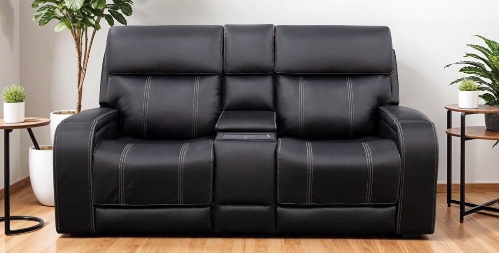 Black Polyester Power Loveseat with Adjustable Headrests, Retractable Cup Holders, and Console Including Storage, Integrated Phone Charger, Cup Holders, and LED Lighting
