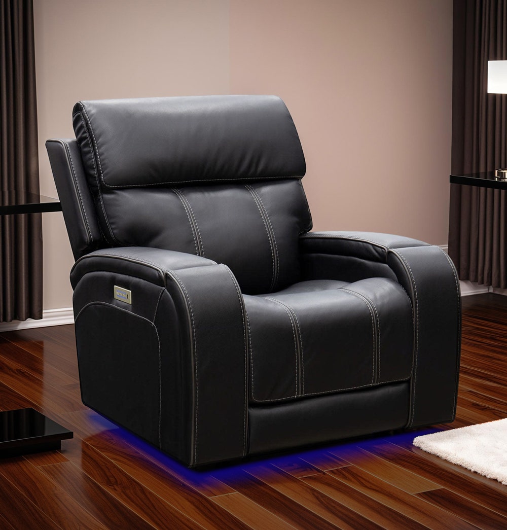 Black Polyester Power Recliner with Adjustable Headrest, Retractable Cup Holders, LED Lighting, and USB Port 