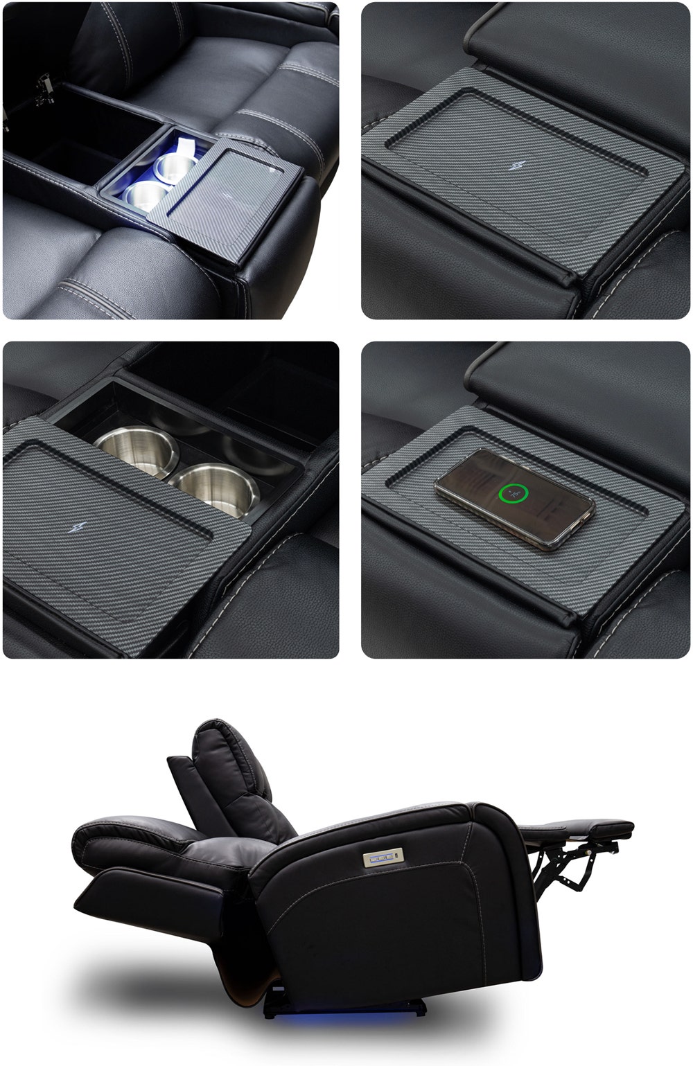 Black Polyester Power Reclining Loveseat with Adjustable Headrests and a Console Including Cup Holders with LED Lighting, Storage, and Integrated Phone Charger  