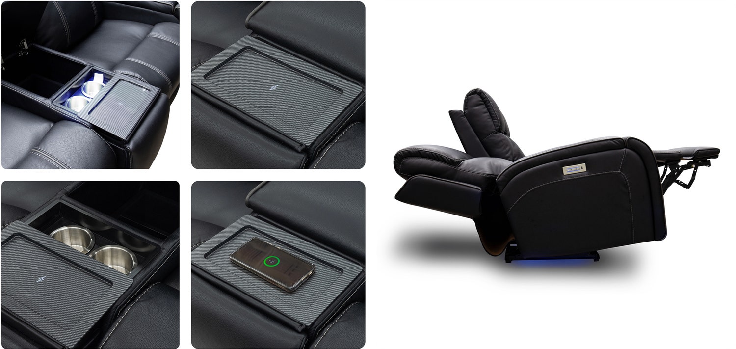 Black Polyester Power Reclining Loveseat with Adjustable Headrests and a Console Including Cup Holders with LED Lighting, Storage, and Integrated Phone Charger  