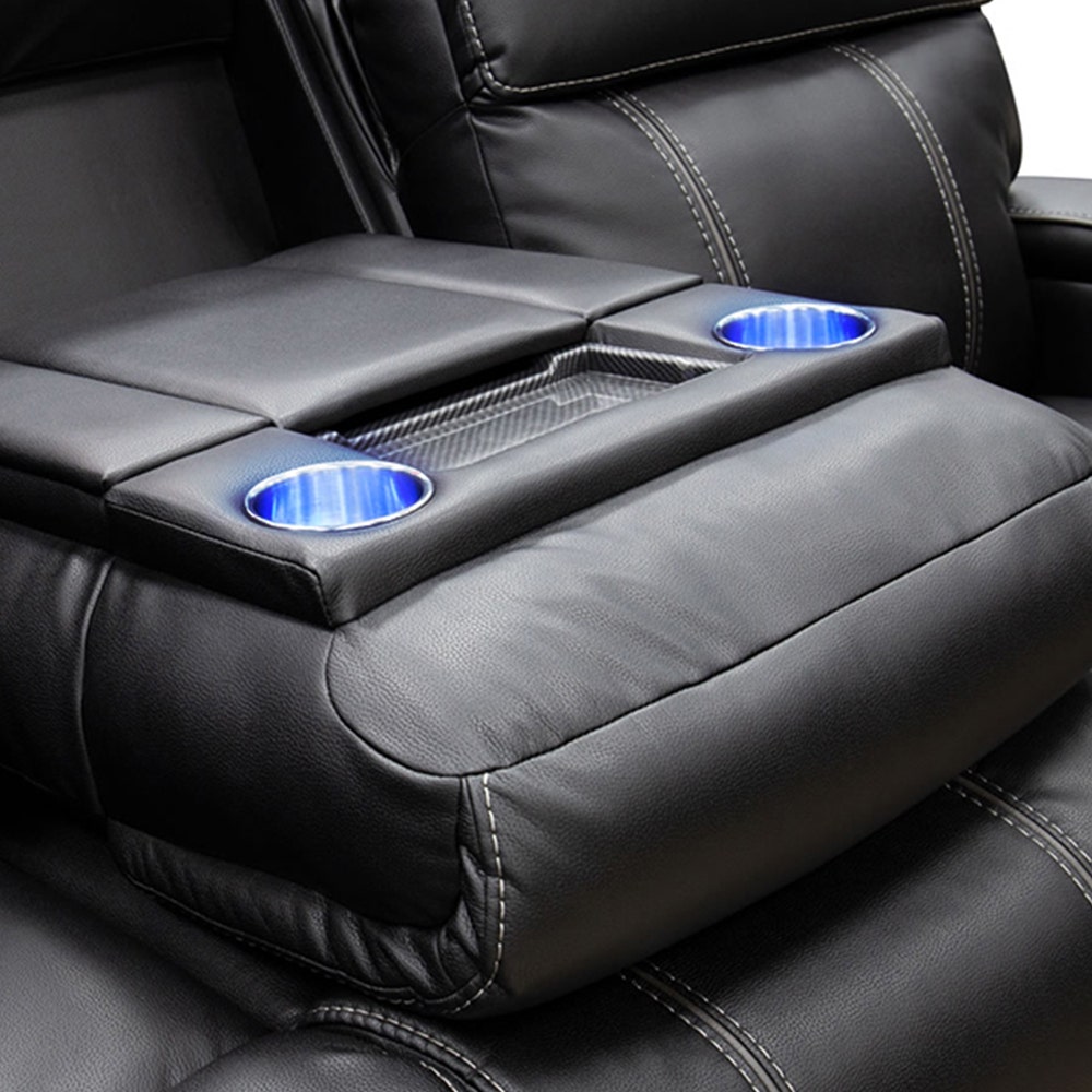 Drop-Down Backrest Including Cup Holders with LED Lighting, Storage, Integrated Phone Charger, Built-In Audio Sound System with Bluetooth Connection, with USB and USB Type-C Ports
