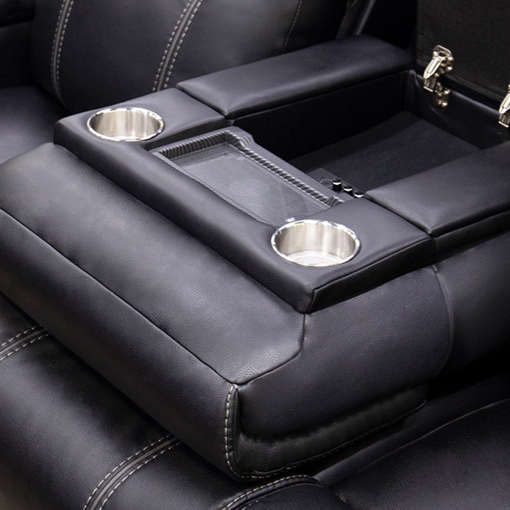 Drop-Down Backrest Including Cup Holders with LED Lighting, Storage, Integrated Phone Charger, Built-In Audio Sound System with Bluetooth Connection, with USB and USB Type-C Ports