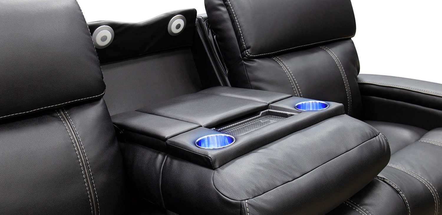 Drop-Down Backrest Including Cup Holders with LED Lighting, Storage, Reading Lamps, Integrated Phone Charger, Built-In Audio Sound System with Bluetooth Connection, with USB and USB Type-C Ports